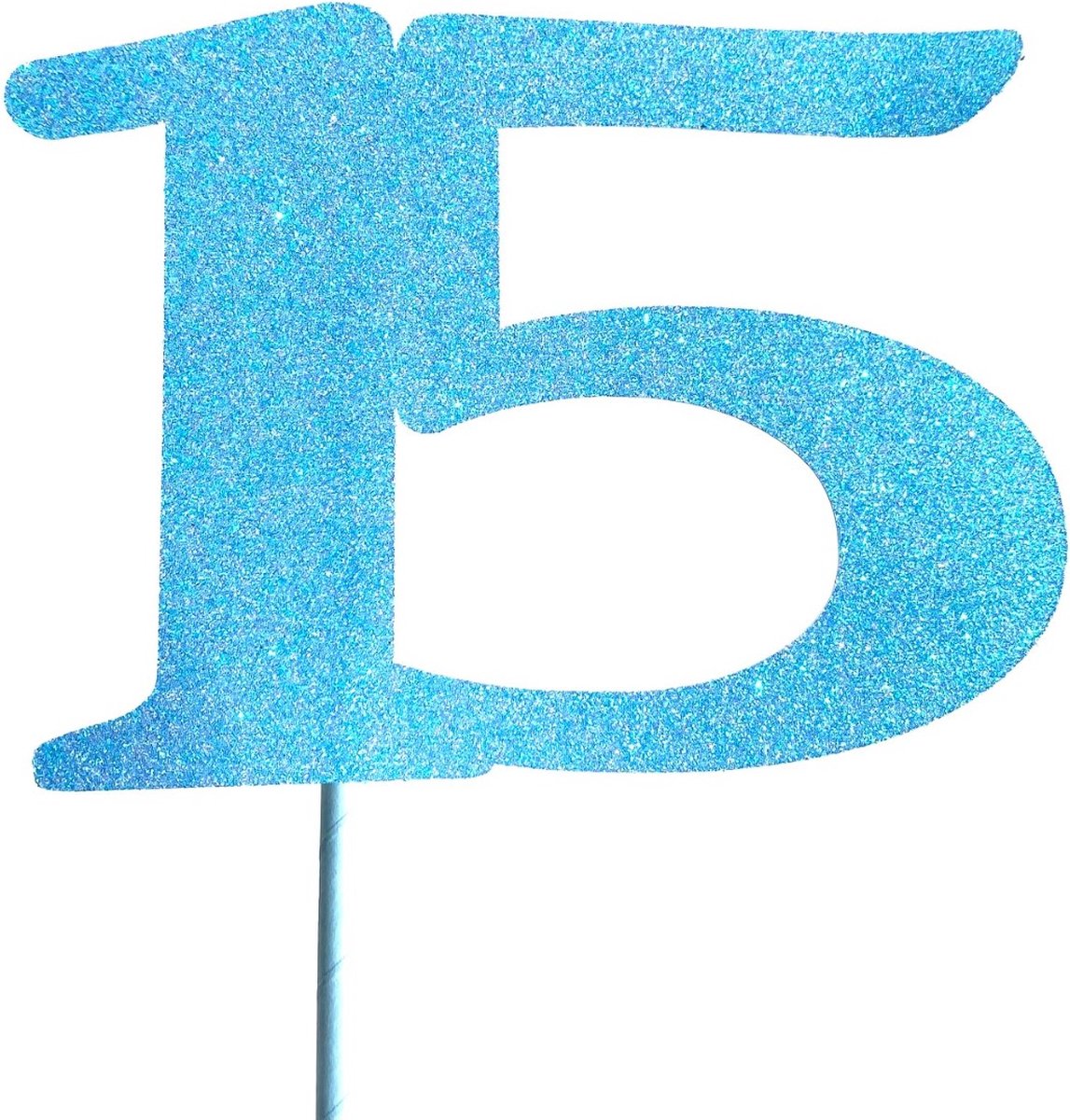 Taartdecoratie versiering| Taarttopper| Cake topper | Taartversiering| Verjaardag| Cijfers | 15 | Blauw glitter|14 cm| karton